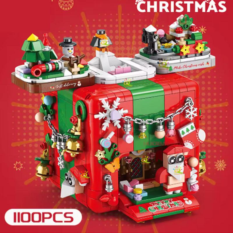 Christmas Gift Surprise Mechanism Box Model Building Block DIY Elk Snowman Bricks Ornament Toys for Children Adult