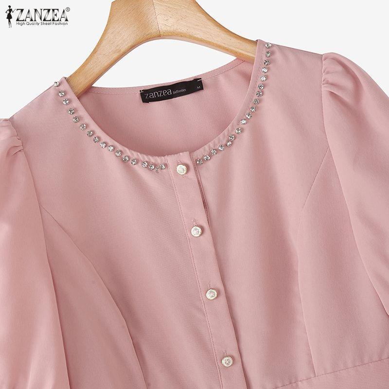 ZANZEA Women Casual Round Neck Short Sleeve Beading Peplum Blouse