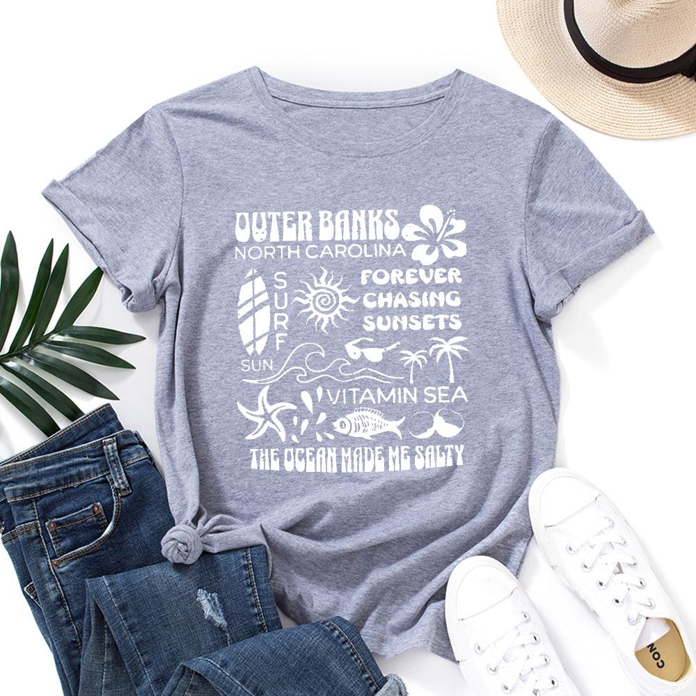Alphabet Cotton T-Shirt Short Sleeve Round Neck Women 2d Print Tops