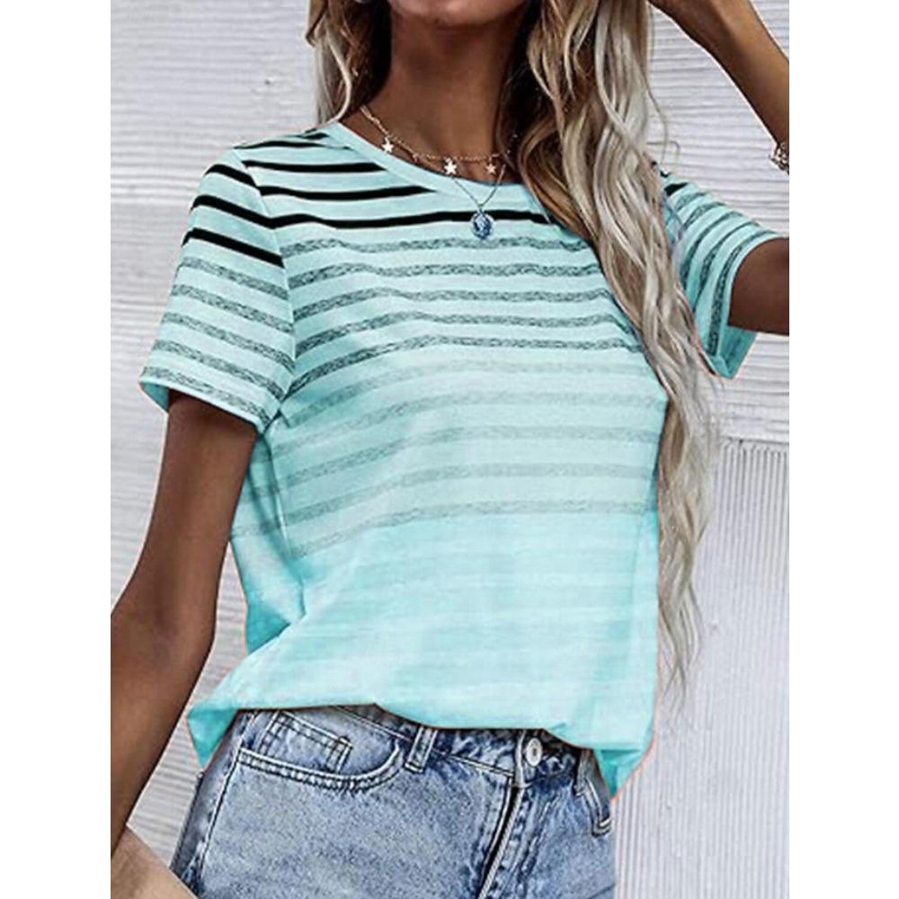 Fashion Women Retro Creative Gradient Stripes Print T Shirt Funny Casual O-neck Short Sleeves T-shirt Summer Female Tee Shirt