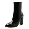 Fashion Sexy Pointed Toe Patent Leather Ankle Boots Women Fashion Gold Silver Chunky High Heels Chelsea Botas Mujer Side Zipper Pumps