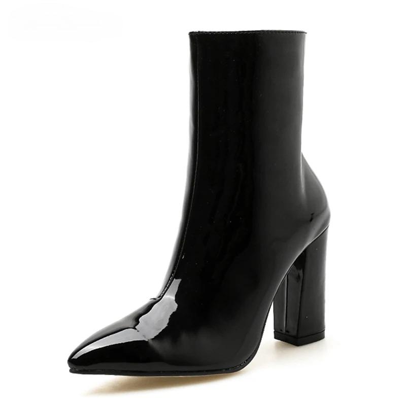Fashion Sexy Pointed Toe Patent Leather Ankle Boots Women Fashion Gold Silver Chunky High Heels Chelsea Botas Mujer Side Zipper Pumps