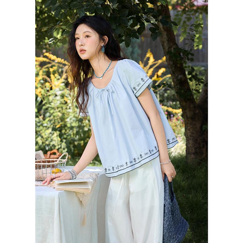 Mishow Embroidered Drawstring Puff Sleeve Blouse