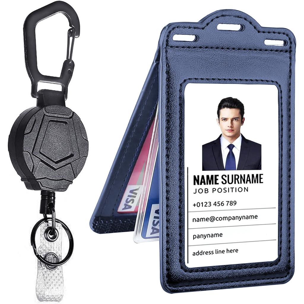 Retractable Reel Heavy Duty Carabiner Leather Card Badge Holders and Clear ID Window for Office Staffs Student Teacher Couriers