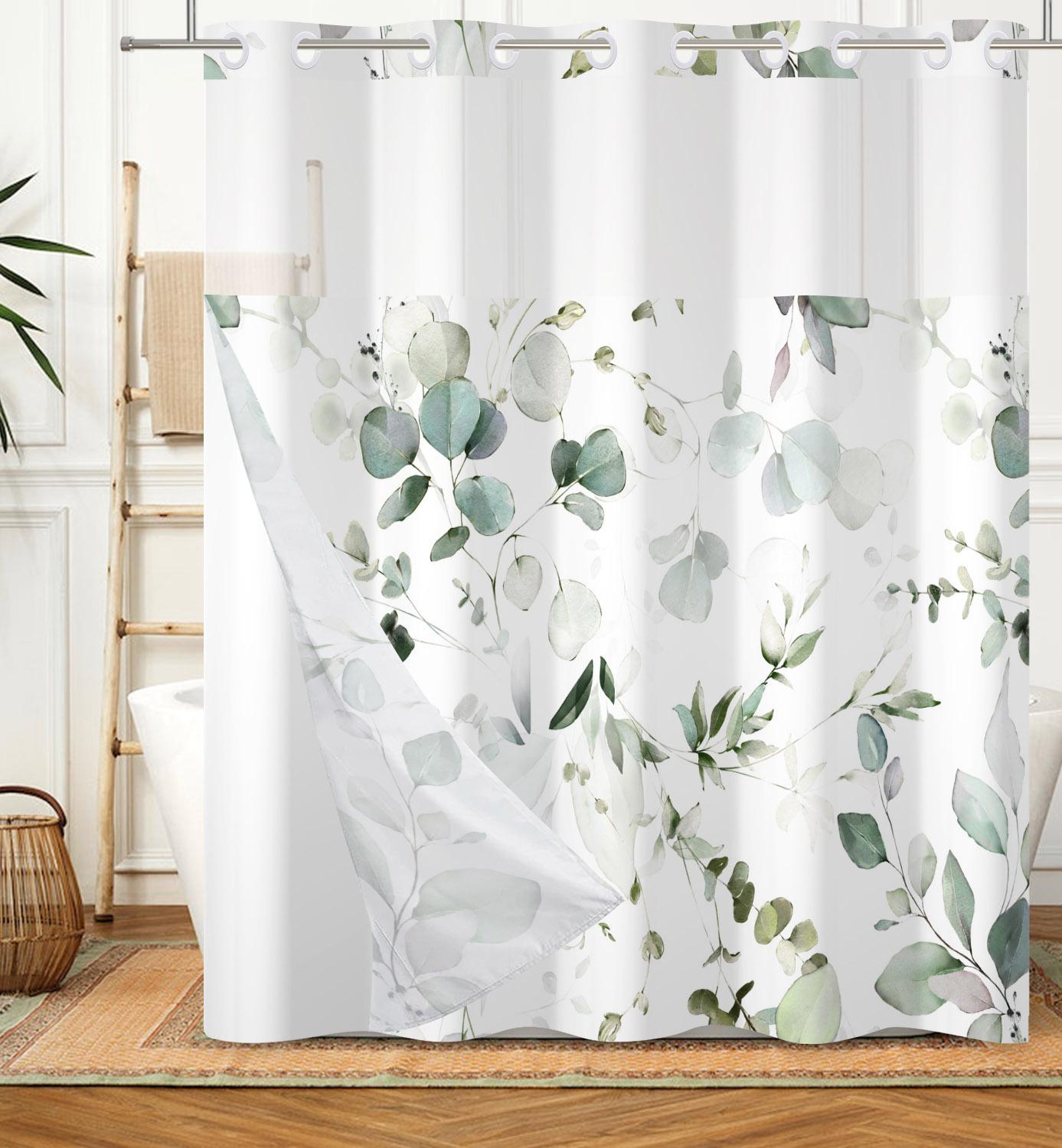 

Hookless Double Layer Shower Curtain Waterproof Removable Lined Leaves Plants Flower Modern Bathroom Decorative Shower Curtains W120xH180cm
