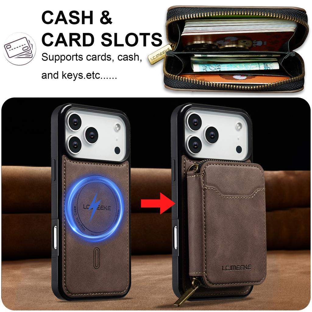 Detachable Magnetic Zipper Card Solt Wallet Leather Phone Case for IPhone 17 Pro Max Air 16 Plus 15 14 13 12 11 Pro Purse Cover