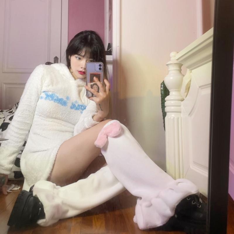 Long Foot Cover Leg Warmers Goth Anime Sweet Pink Bowknot Cosplay Ruffled Hem Plush Knee High Socks for Women Girls