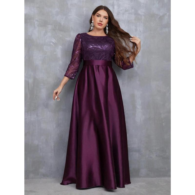 R 35064 Sequin Satin Patchwork Gown 0XL фиолетовый