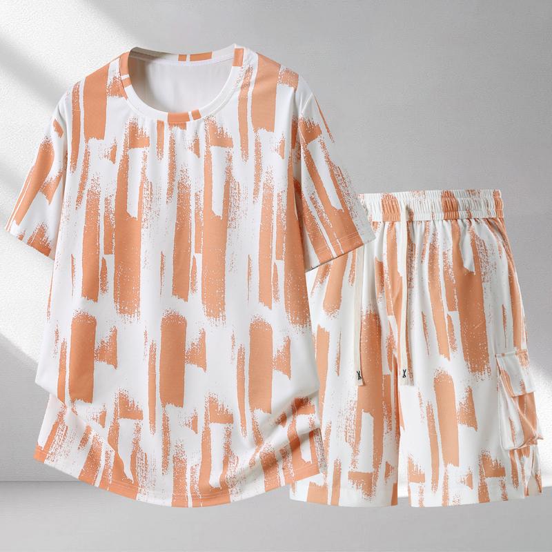 Heren Plus Size Abstracte Print 2-delige Outfit, Korte Mouw T-shirt & Cargo Short Set (5XL-12XL)