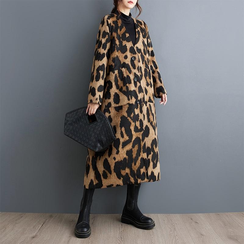 Oversized Vintage Leopard Casual Løs Lang Vår Høst Frakk for kvinner Jakke Klær Yttertøy