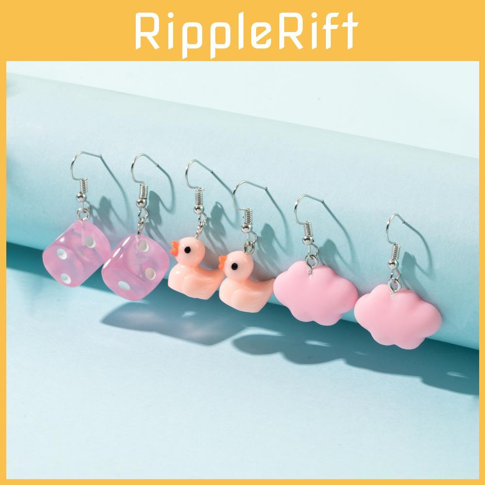 Stylish Pink Resin Earrings Set With White Cloud Duck And Dice Design For Women