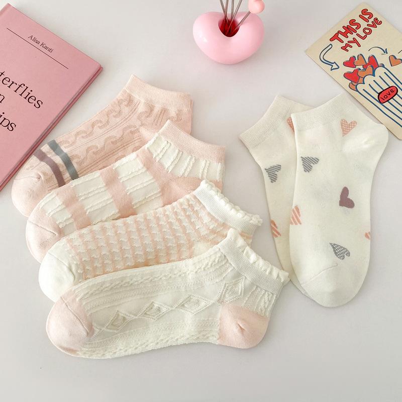 5/10 Pairs Women's Spring Summer Orange Pink Color Scheme Women's Socks Breathable Sweat Wicking Academic Style Women's Boat Socks Short Socks