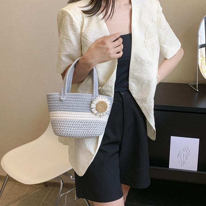 Chic Summer Woven Bucket Bag For Women In Bowknot Pink Gray And Khaki Stylish Colors