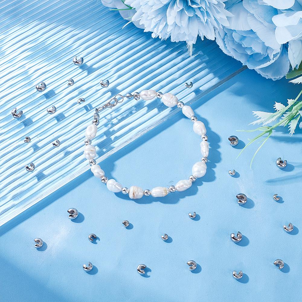 300Pcs 3 Sizes Brass Crimp Beads Covers, Nickel Free, Platinum, 3~5mm In Diameter, hole: 1.2~1.8mm, 100pcs/size