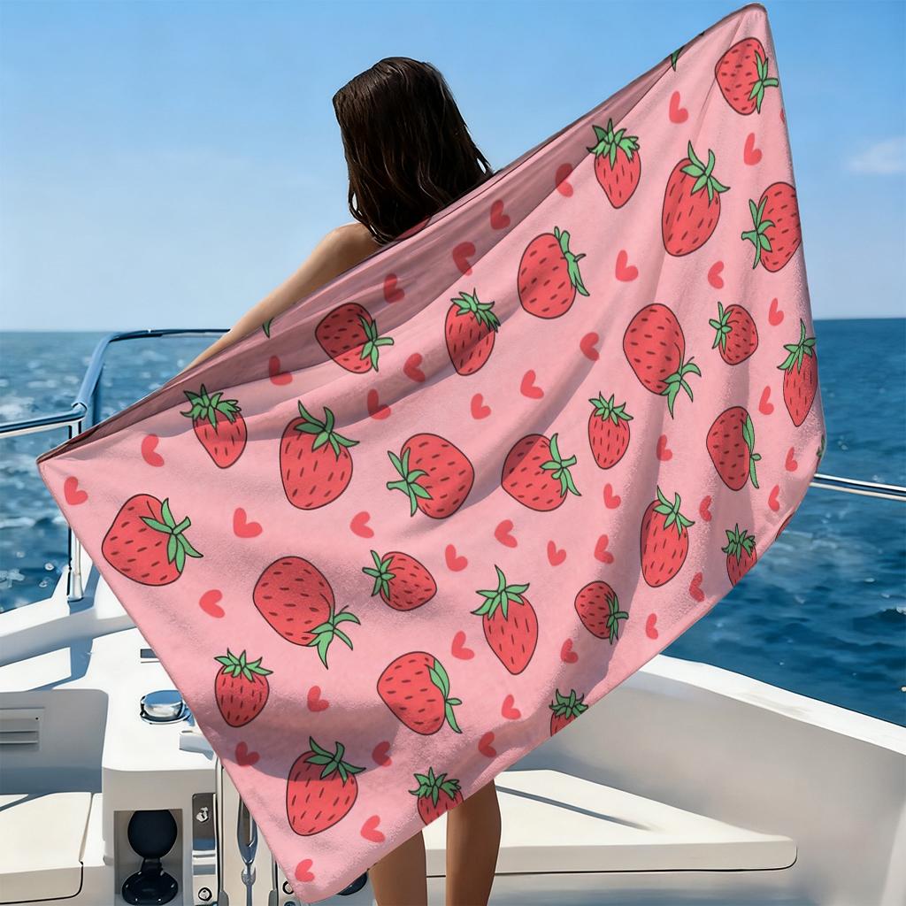 Strawberry Print Beach Towel Microfiber Quick Dry Absorbent Oversized Bath Towel Sand Free Swim Towel for Travel Swimming Pool