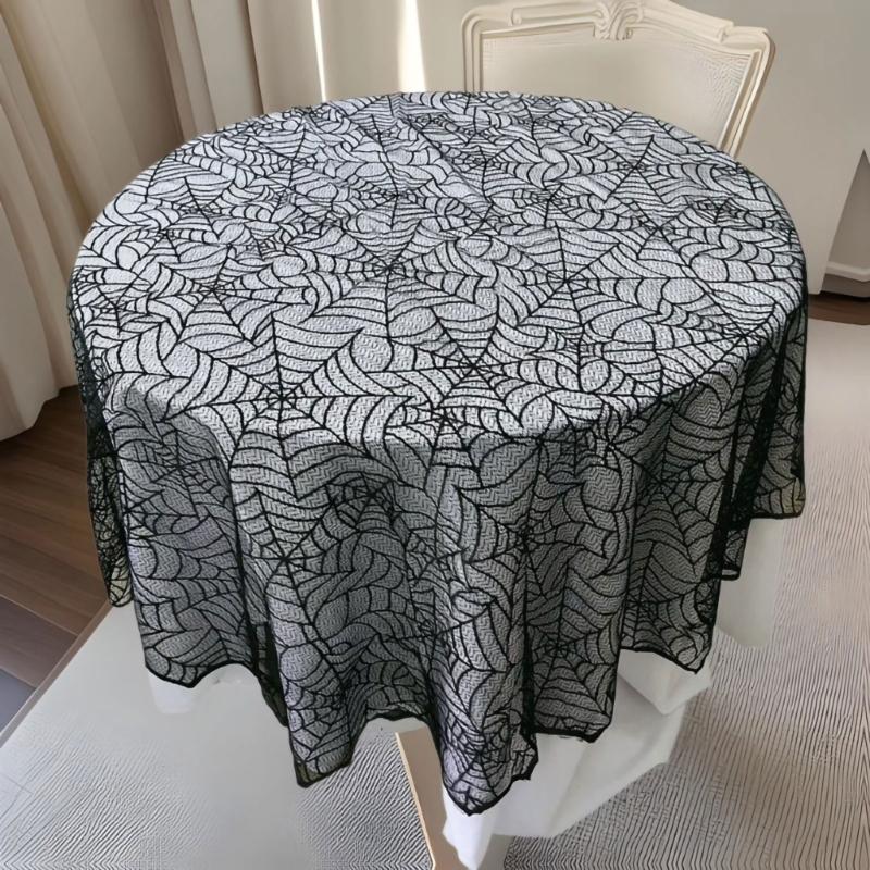 Spiderweb Table Cover for Halloween, Round Black Lace Tablecloth with Soft Fabric Drape for Dessert Display, Entry Table, and Party Decors
