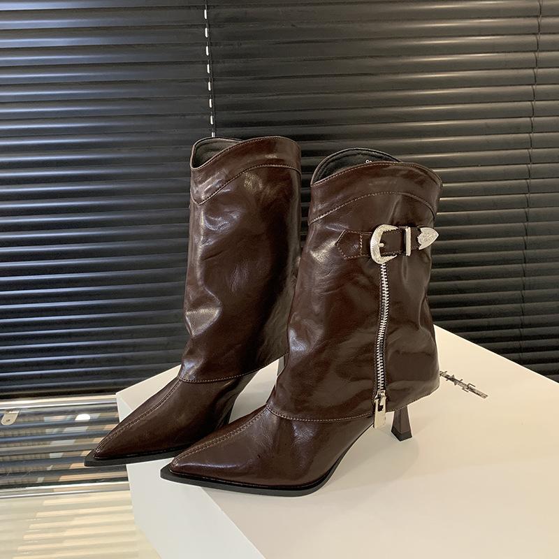 

European and American style niche design short boots autumn and winter 2025 autumn and winter new pointed thin heel tube pants tube boots 39 коричневый