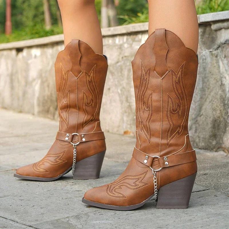 2025 Spring Retro Cowboy Boots Women Mid Calf Western Boots Woman Pu Leather Knight Booties Big Size Point Toe Waterproof Boots