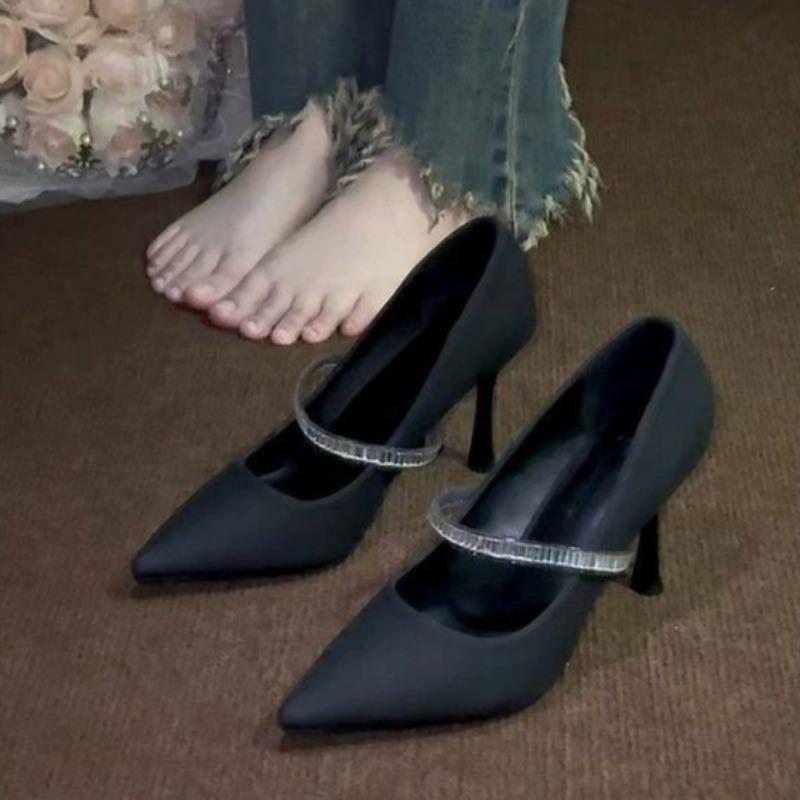 Fashion Super Soft Wrapped Heels Women's Fashion Pointed Toe Shallow Slip Rhinestone Slip Slip Slim Heel Single Shoes
