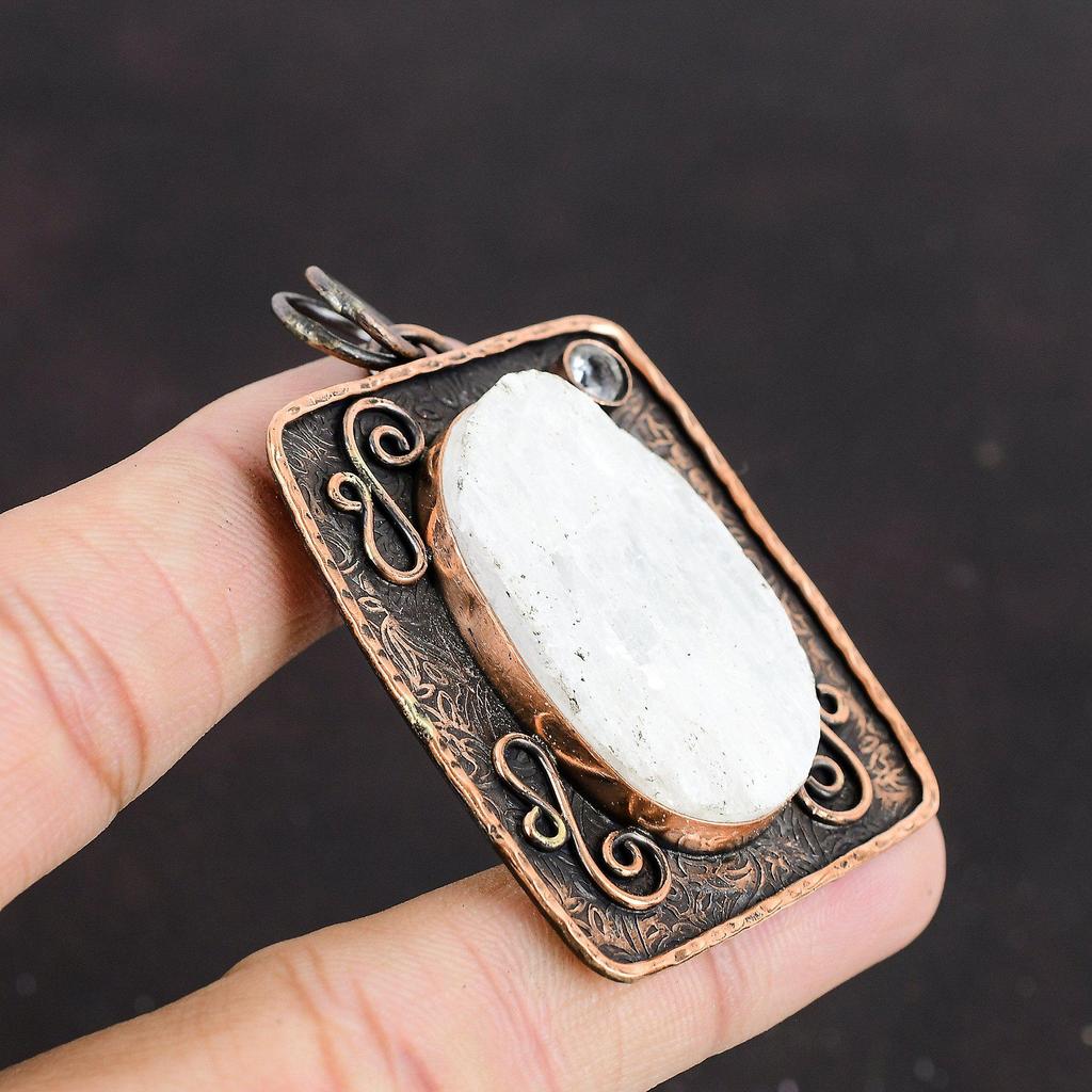 Selenite Druzy Pendant White Topaz Pendant Copper Pendant Natural Gemstone Pendant Latest Design Pendant Handmade Copper Jewelry For Mother