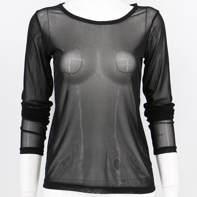 Women's Sexy Black Mesh Long Sleeve Shirt – Super Elastic, See-through, Perfect for Spring & Autumn