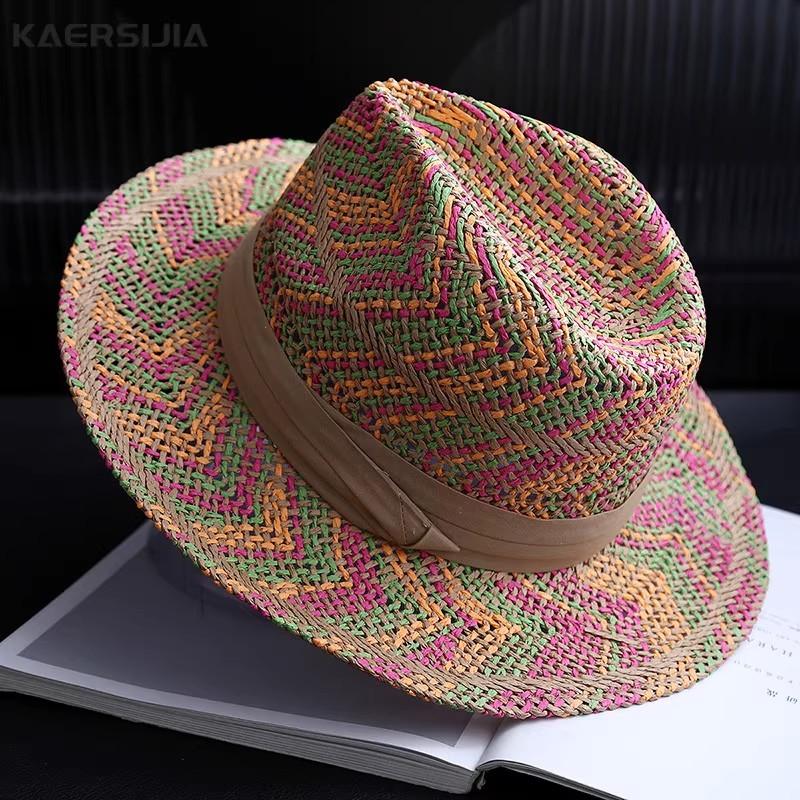Nuovi Cappelli da Sole Arcobaleno all'Uncinetto Fatti a Mano per Donne Cappello di Paglia Cowboy con Nastro Cappello Panama a Tesa Larga Pieghevole Impacchettabile Cappello da Spiaggia
