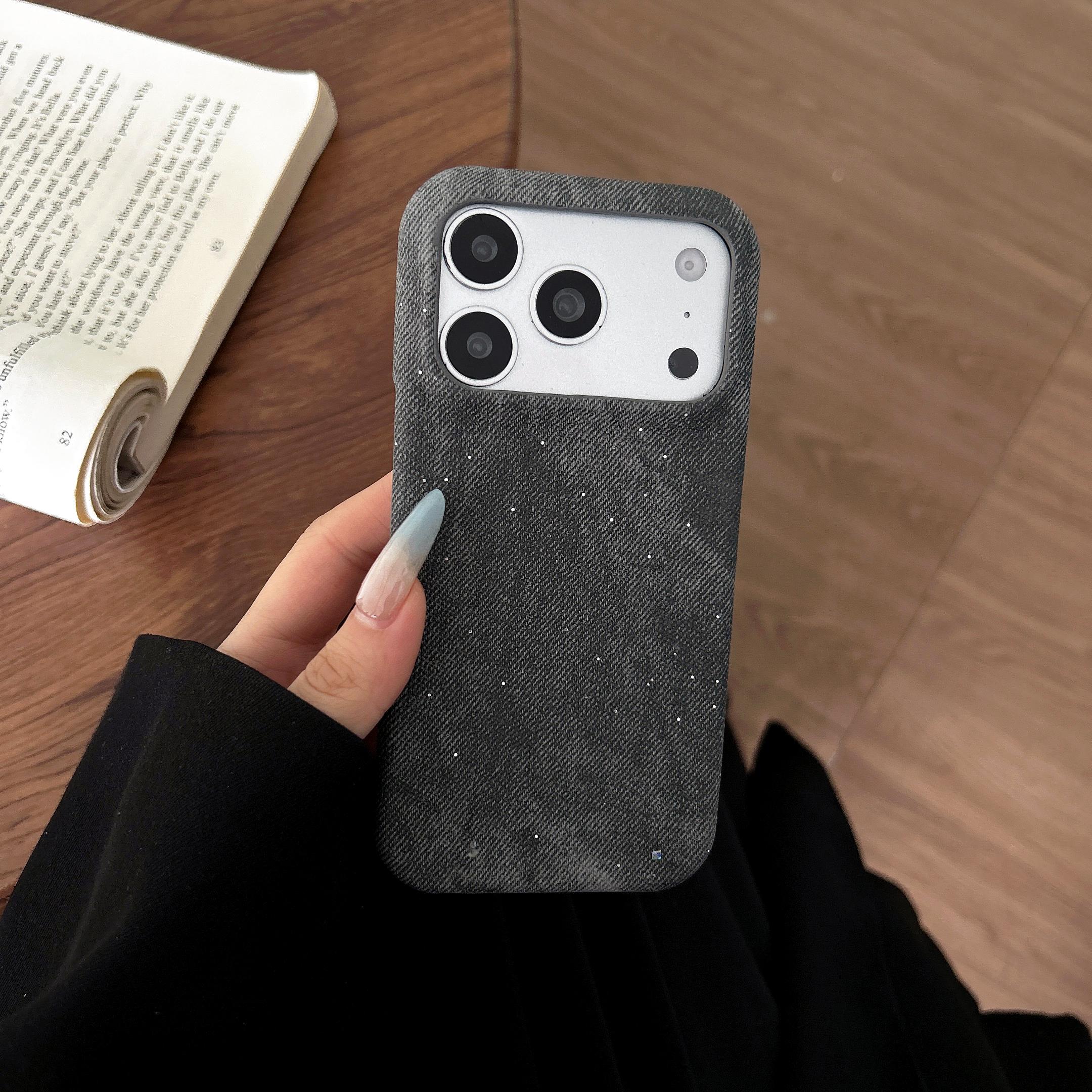 

Frameless Cowboy Pattern Phone Case For iPhone Air 17 16 15 14 13 12 Pro Max Washed Color Glitter Denim Jeans Matte Cover iPhone 12