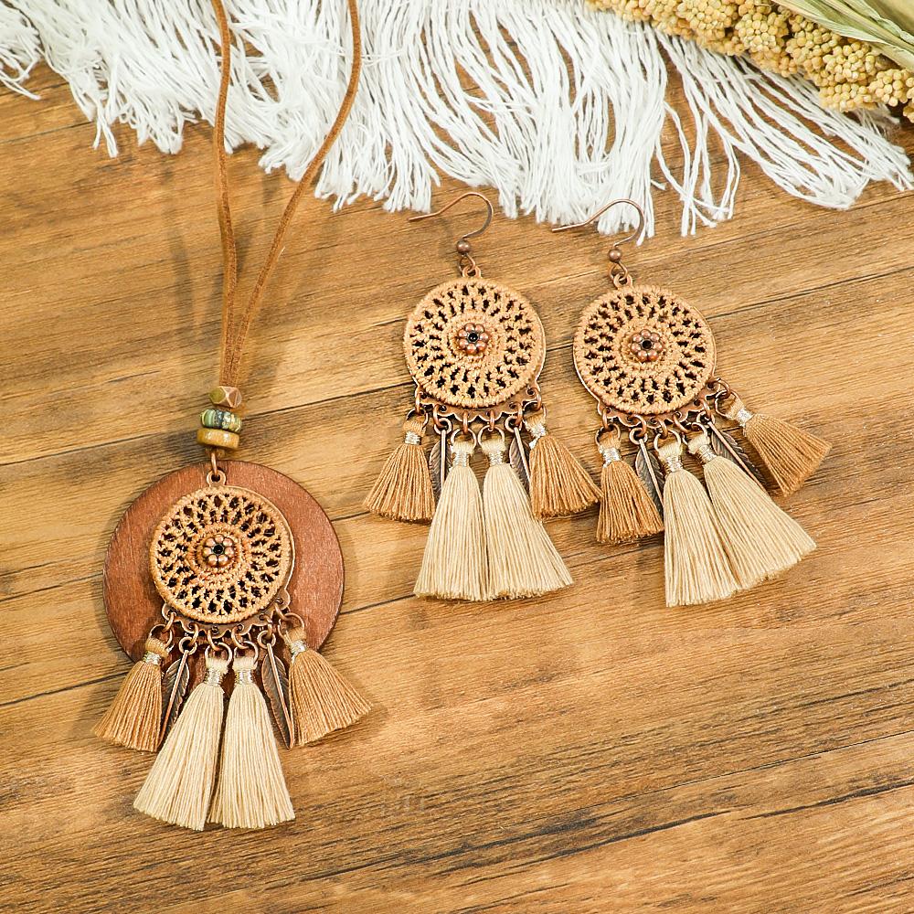 

3 шт. Бохо Винтаж Коричневые Серьги с Кисточками Ожерелье Ручной Работы Вставка из Центральной Бусины Подвеска из Бусин Мастерство Подарки для Женщин