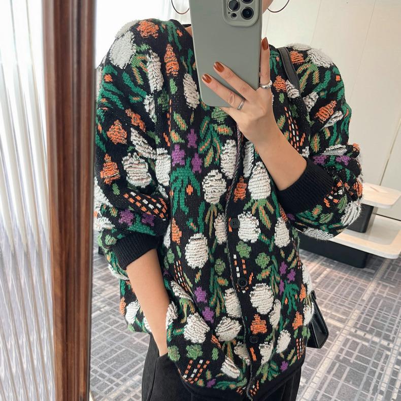 

DIMANAF 2025 Sweaters Flower Coat Cardigan Autumn Women Print O-Neck Bat Sweaters Knitting Loose Sweater Green one size чёрный