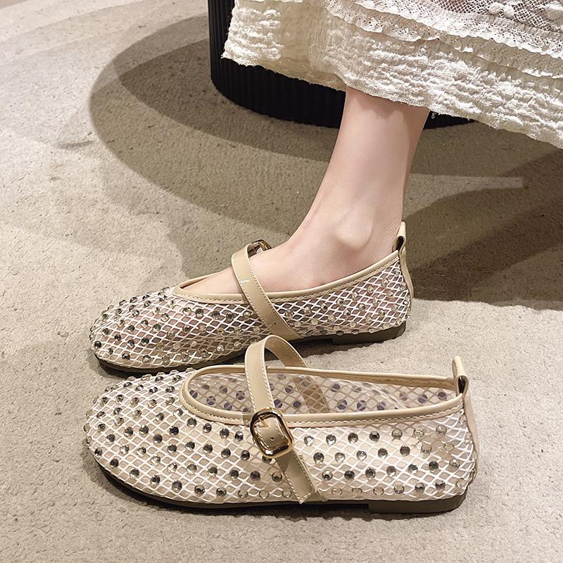 Water Diamond Mesh Soft Bottom Ladle Shoes for Women  New Spring/Summer Matching Skirt with Flat Bottom Single Shoes