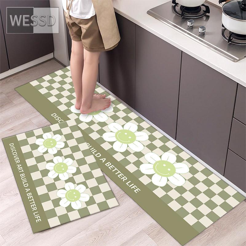 Tegneserie sjakkbrett Solblomst kjøkkenmattesett Søt løpeteppe til hjemmet Absorberende Anti-skli Vaskbare baderomsmatter 40x60cm 40x120cm 2 stk.