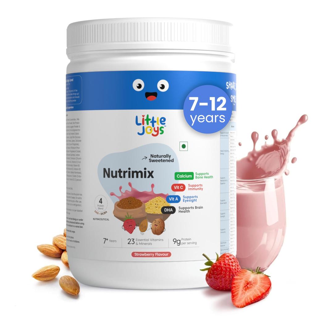Little Joys Strawberry Nutrimix 7+ (350g) | 7-12 Years | Naturally Sweetened with Dates & Jaggery | With 23 Essential Vitamins & Minerals | 9g Pr