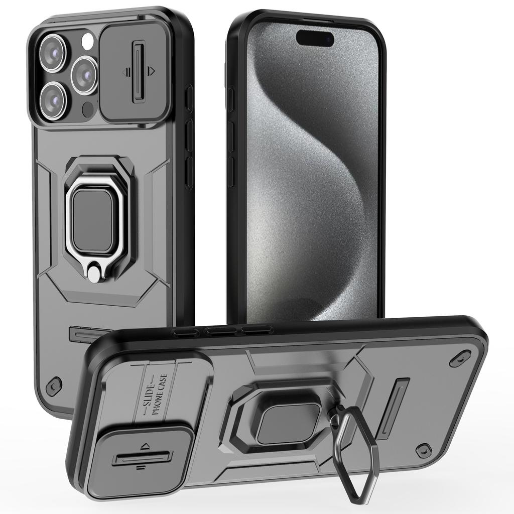 For iPhone 16 Pro Max Case Ring Kickstand Camshield PC+TPU Phone Cover