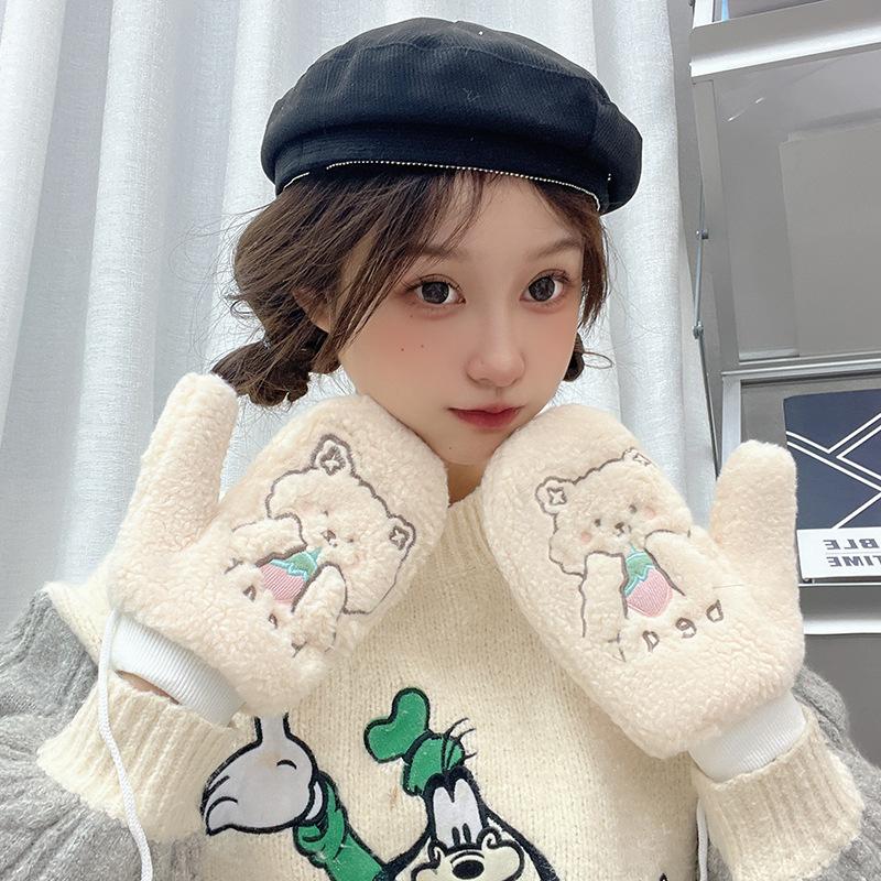 Plush gloves, winter women's thickened warm windproof bag with fingers, students hanging necks, hot-selling wind strawberries
