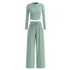 Women's One-piece Set Ribbed Knit Long-sleeve Short Top Wide-leg Pants Casual Loungewear