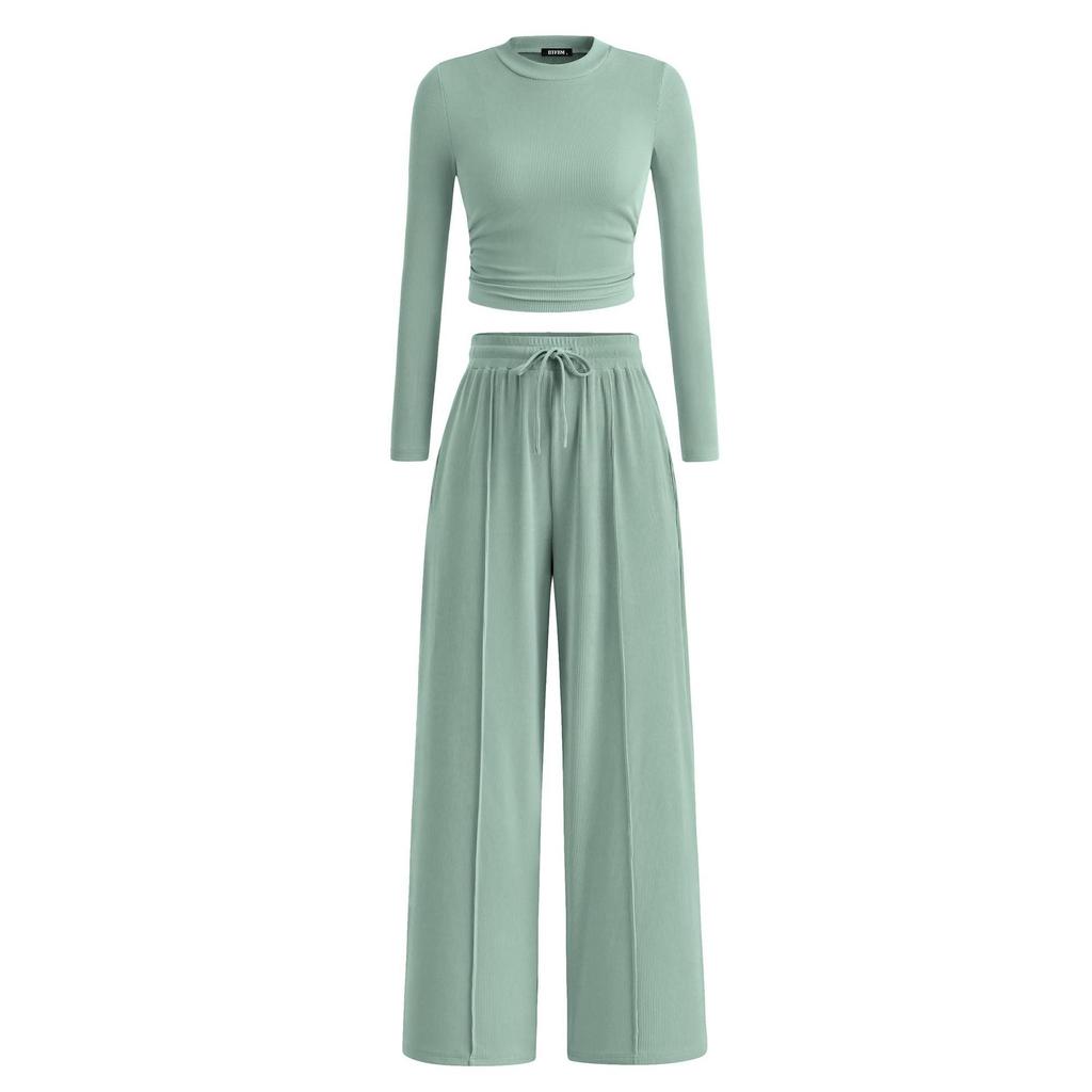 Women's One-piece Set Ribbed Knit Long-sleeve Short Top Wide-leg Pants Casual Loungewear