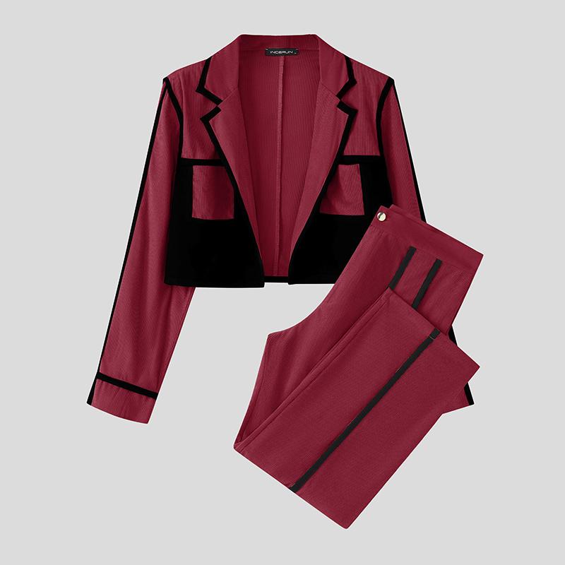 

INCERUN Two Pieces Men Stitching Long Sleeve Cropped Jackets and Long Pants Corduroy Outfits Sets вино красного