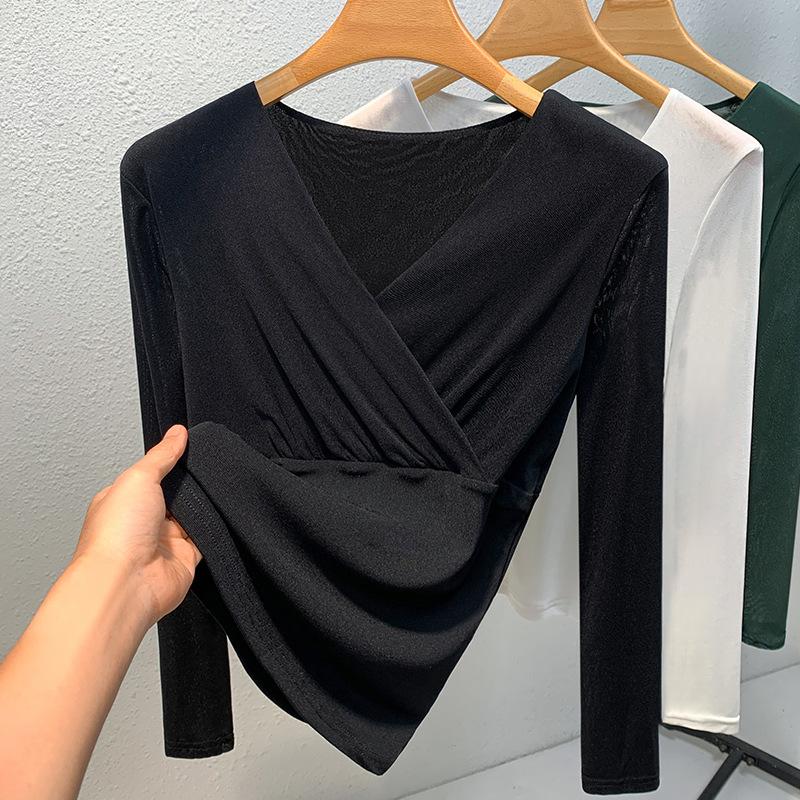 Cross V-neck Mesh Base Shirt for Women In Spring and Autumn New Tight Long-sleeved T-shirt for Women In Women's Unique Waist-hugging Shirt