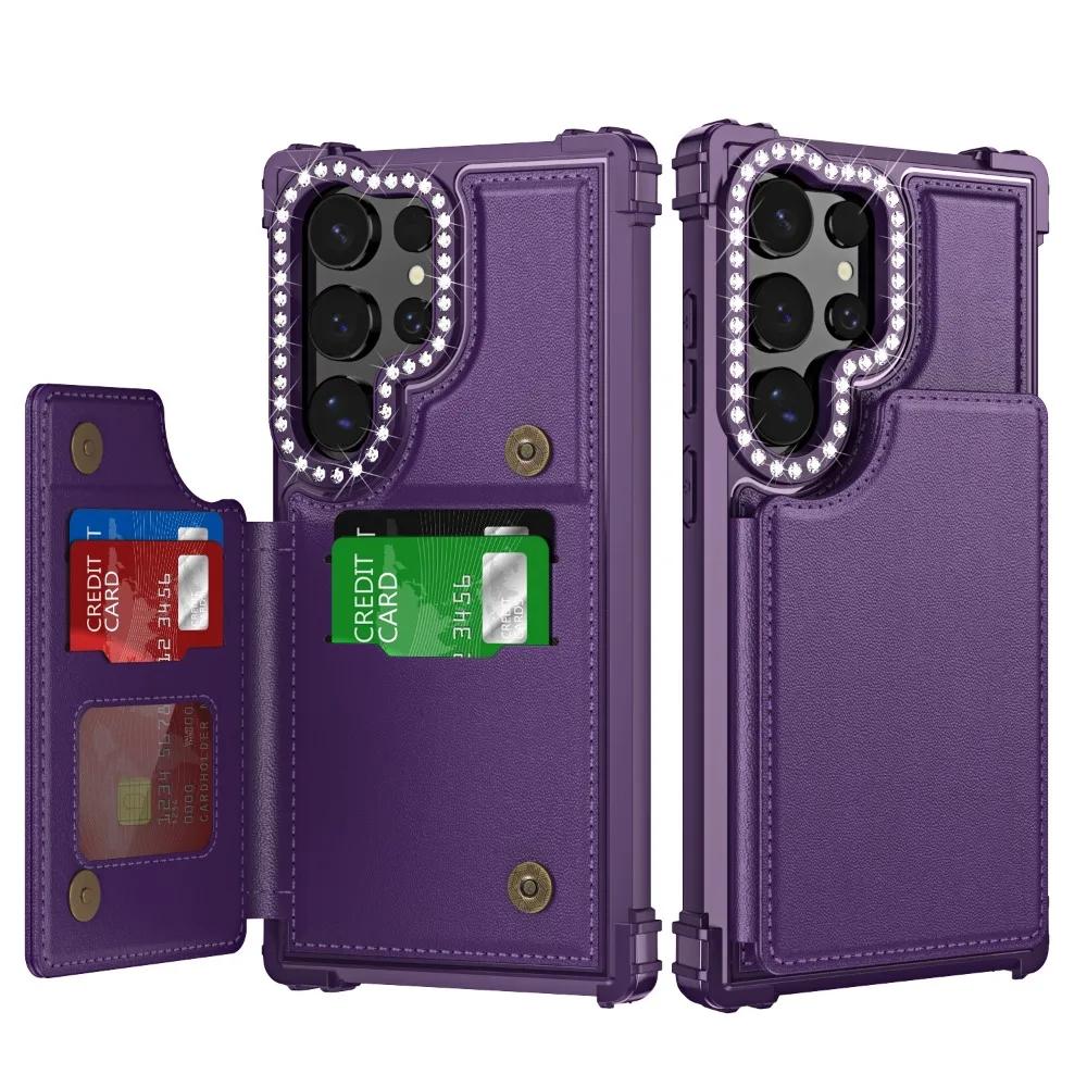 Luxury Glitter Bling Card Slot Holder Wallet Flip Phone Case for Samsung Galaxy S24 Ultra Plus Purse Kickstand PU Leather Cover