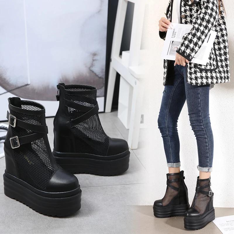 Fashion Lady Fashion High Height Increase Summer Boots Summer Platform Boots Women Breathable Genuine Leather Shoes Woman