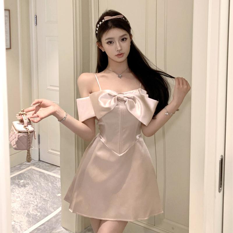 French Suspender Dress Female Summer High Sense Socialite One-word Shoulder Bow Birthday Dress Princess Tutu Dress