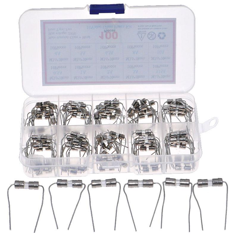 100pcs 10value 3.6*10mm 250V Double Iron Cap Axial Slow Glass Fuse Kit Box With Lead Wire 0.5A 1A 2A 3A 3.15A 4A 5A 6.3A 8A 10A Fuses4