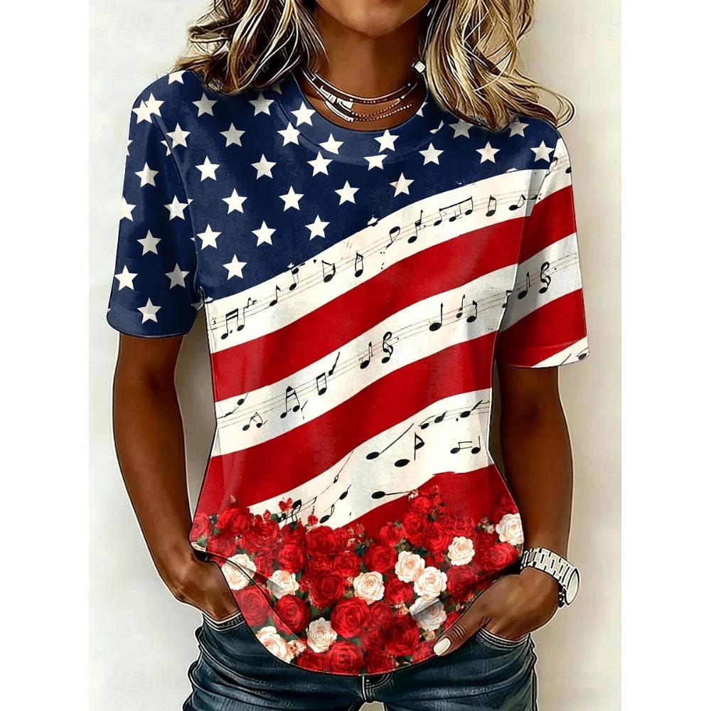 American Independence Day Women's T Shirt Print Graphic Flag Tie Dye Stylish Classic Casual Short Sleeve V Neck Regular Tops