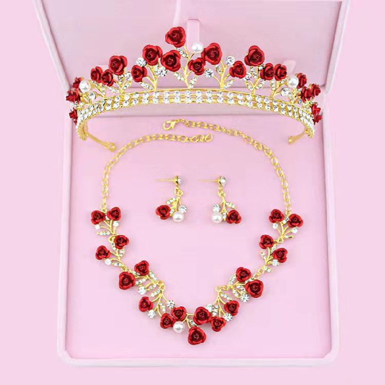 Three Piece Bride Headwear Set Korean Style Forest Themed Hair Band Red Hair Accessory Fairy Hair Band Toasting Wedding Dress and Accessories