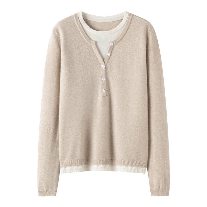 Women's Cashmere Color Block Knit Top: Autumn and Winter Pullover, Round Neck, Fake Two-Piece Design.