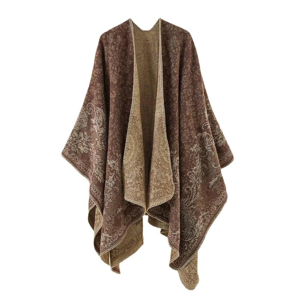 Women's Double-Sided Tassel Shawl Cloak - Classic Slit Design, Warm Travel Cape