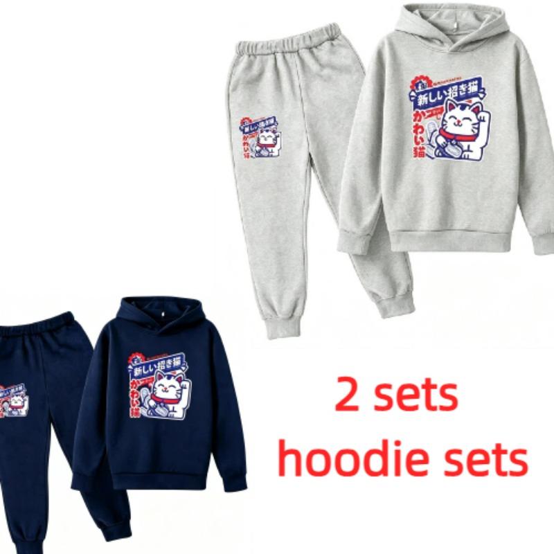 Fashion Cute Anime Cartoon Cat Print Kids Pullovers Pants 2-piece Set Street Casual Fashion Hoodies Vintage Boy's Girl Clothes