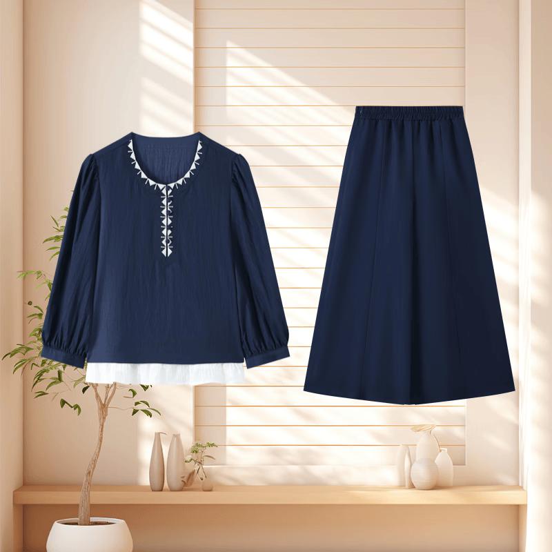 Yuzhaolin Summer Embroidered V-Neck Two-Piece Set for Women