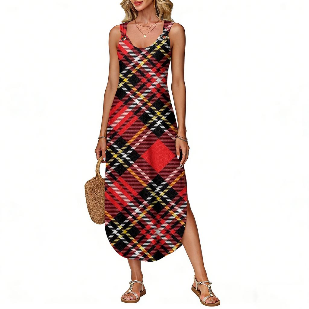 Women's Summer Long Dress, Sleeveless with Side Slits, Long Plaid Printed Vest Dress