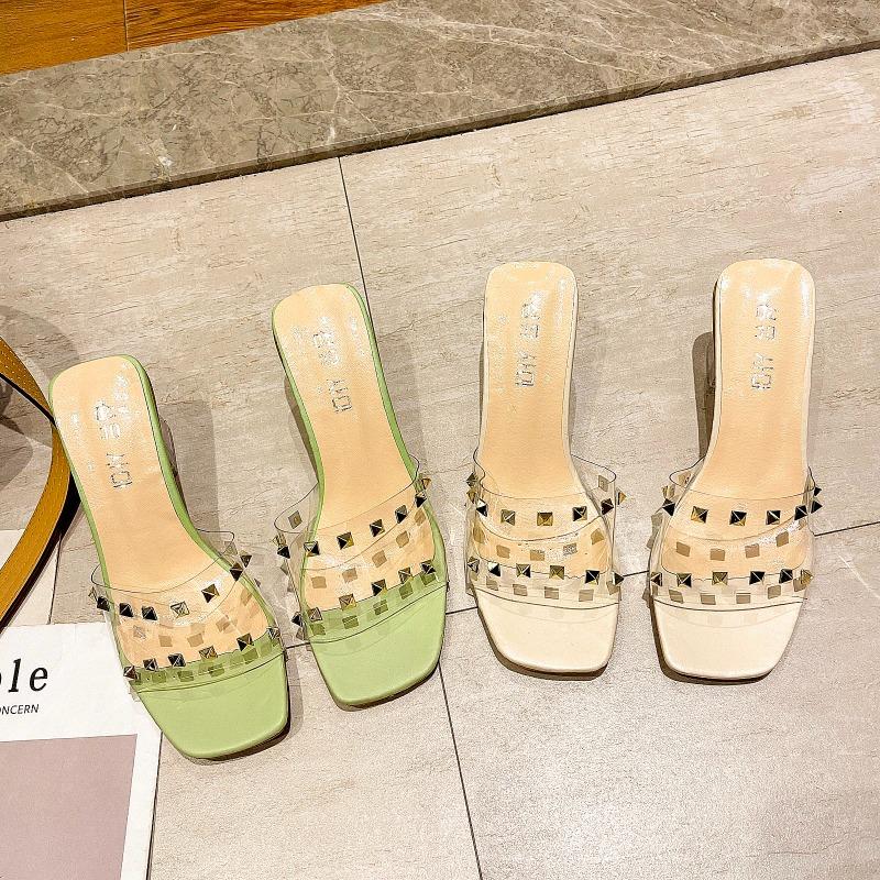 Fashion Crystal Clear Transparent Slippers Female Shoes Middle Heels Comfortable New Summer Women Shoes Woman Fashion Cool Mules Slides